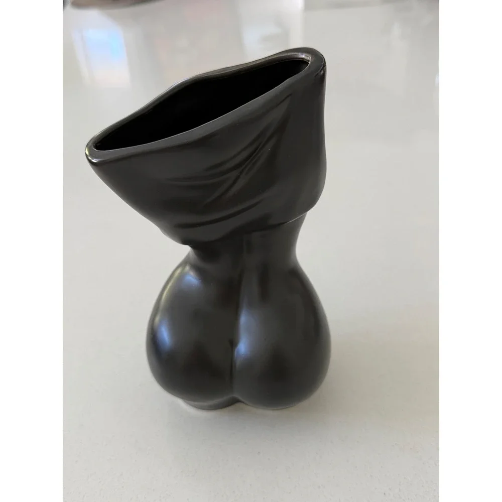 Matte Black Ceramic Female Torso Vase Draped Body Sculptural Modern Decor